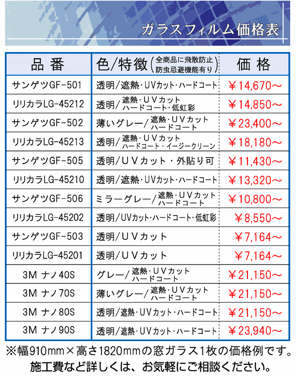 遮熱遮光フィルム価格表サンゲツリリカラー住友スリーエム3M